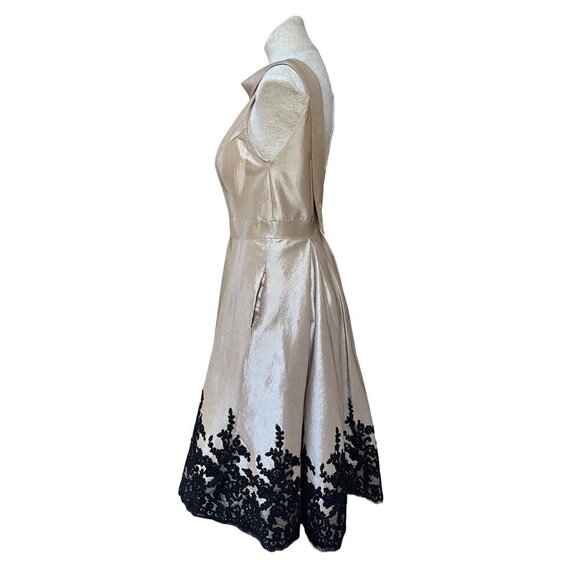 Mac Duggal Formal Dress Tea Length Champagne Taffeta Black Lace Trim Fit & Flare - Picture 3 of 16